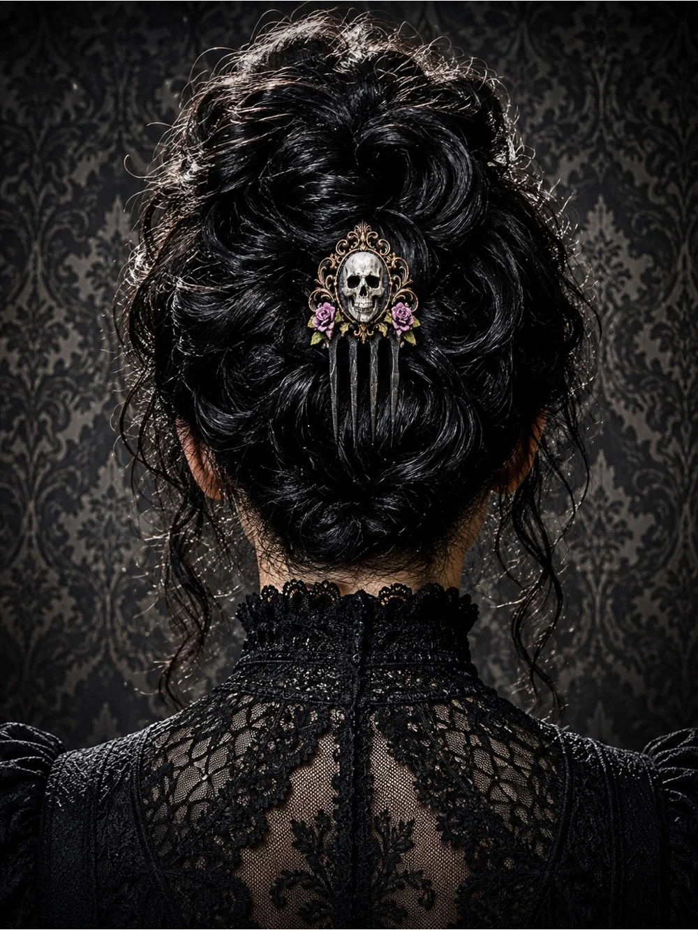 Gothic Skull Hair Comb with Pink Rose Accents